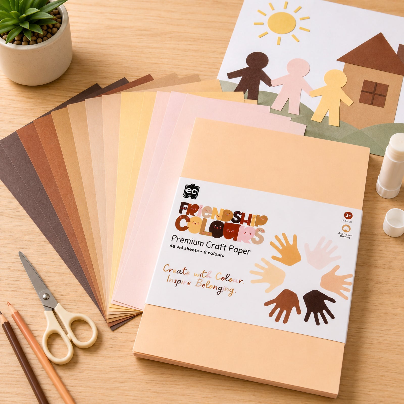 Friendship Colours Premium Craft Paper pack displayed with 48 A4 sheets in six realistic skin tone colours. The image shows examples of paper people crafts, classroom art materials and creative educational applications for inclusive learning environments.