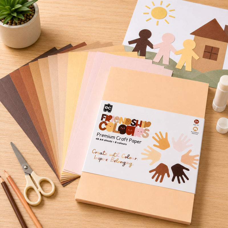 Friendship Colours Premium Craft Paper pack displayed with 48 A4 sheets in six realistic skin tone colours. The image shows examples of paper people crafts, classroom art materials and creative educational applications for inclusive learning environments.
