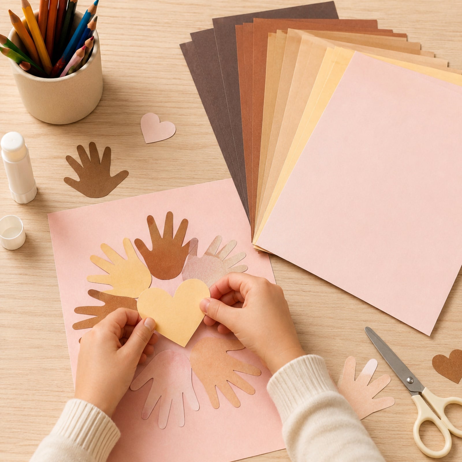 A child assembles a collaborative heart and handprint artwork using assorted skin tone craft paper sheets. Various paper hand cut outs, scissors and glue are displayed, showcasing diversity focused craft activities and social emotional learning projects.