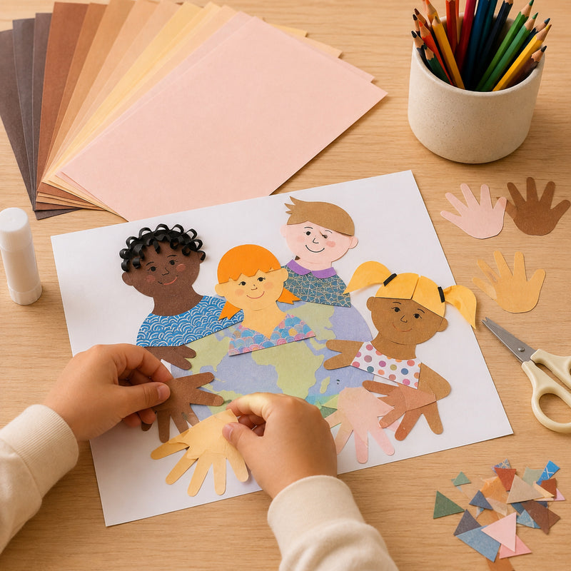 Children create an inclusive friendship themed collage using skin tone craft paper, cut paper hands and character shapes arranged around a globe. The activity demonstrates cultural diversity, belonging and creative classroom learning using Friendship Colours Premium Craft Paper.