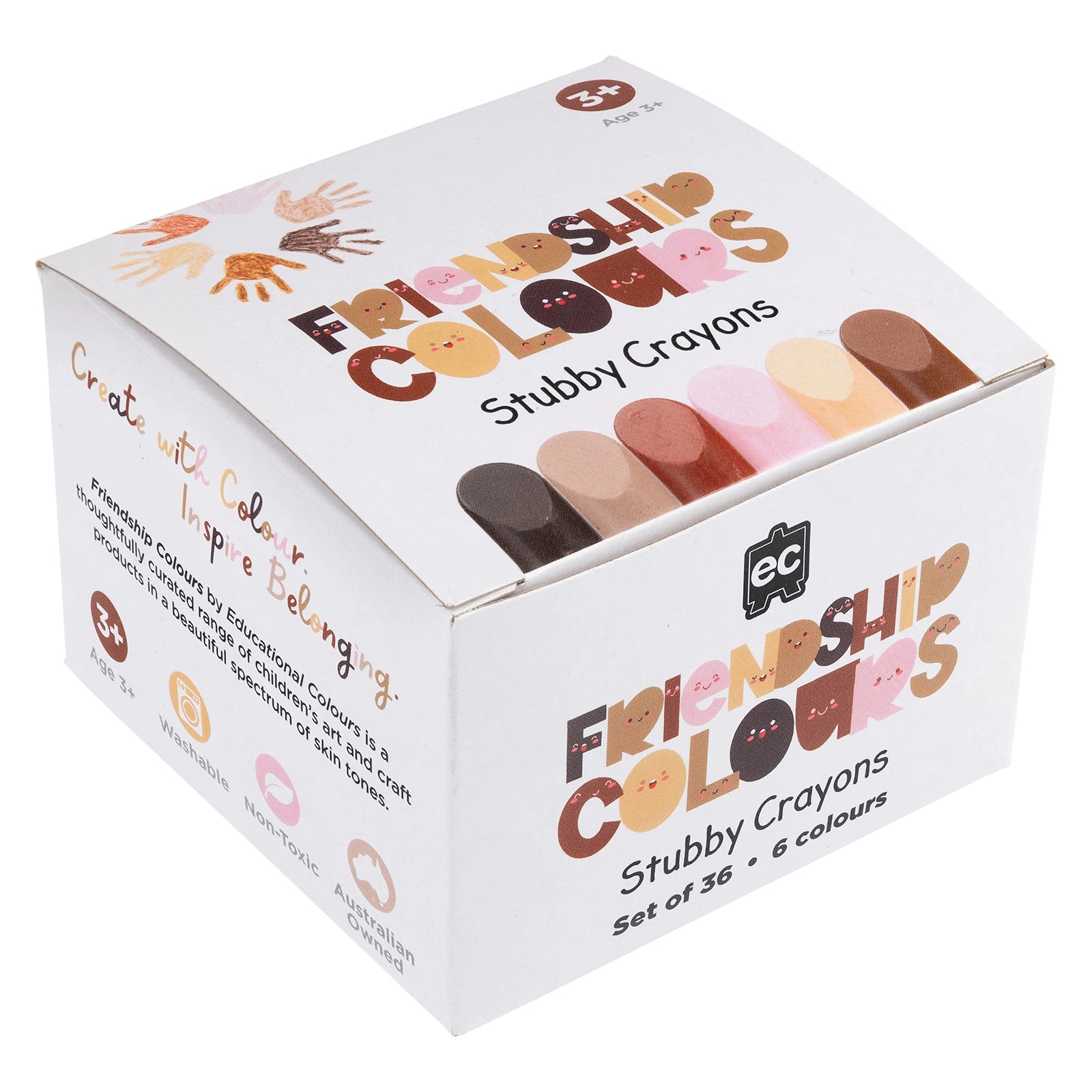 Angled packaging shot featuring the Friendship Colours Stubby Crayons box with product branding and colour samples. The packaging highlights key features including washable, non toxic and Australian owned credentials.