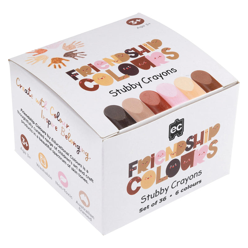 Angled packaging shot featuring the Friendship Colours Stubby Crayons box with product branding and colour samples. The packaging highlights key features including washable, non toxic and Australian owned credentials.