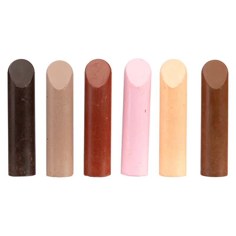 Product only image showing all six skin tone crayons lined up against a plain background. The colour range spans from deep brown to light peach, providing inclusive options for portrait and people based artwork.