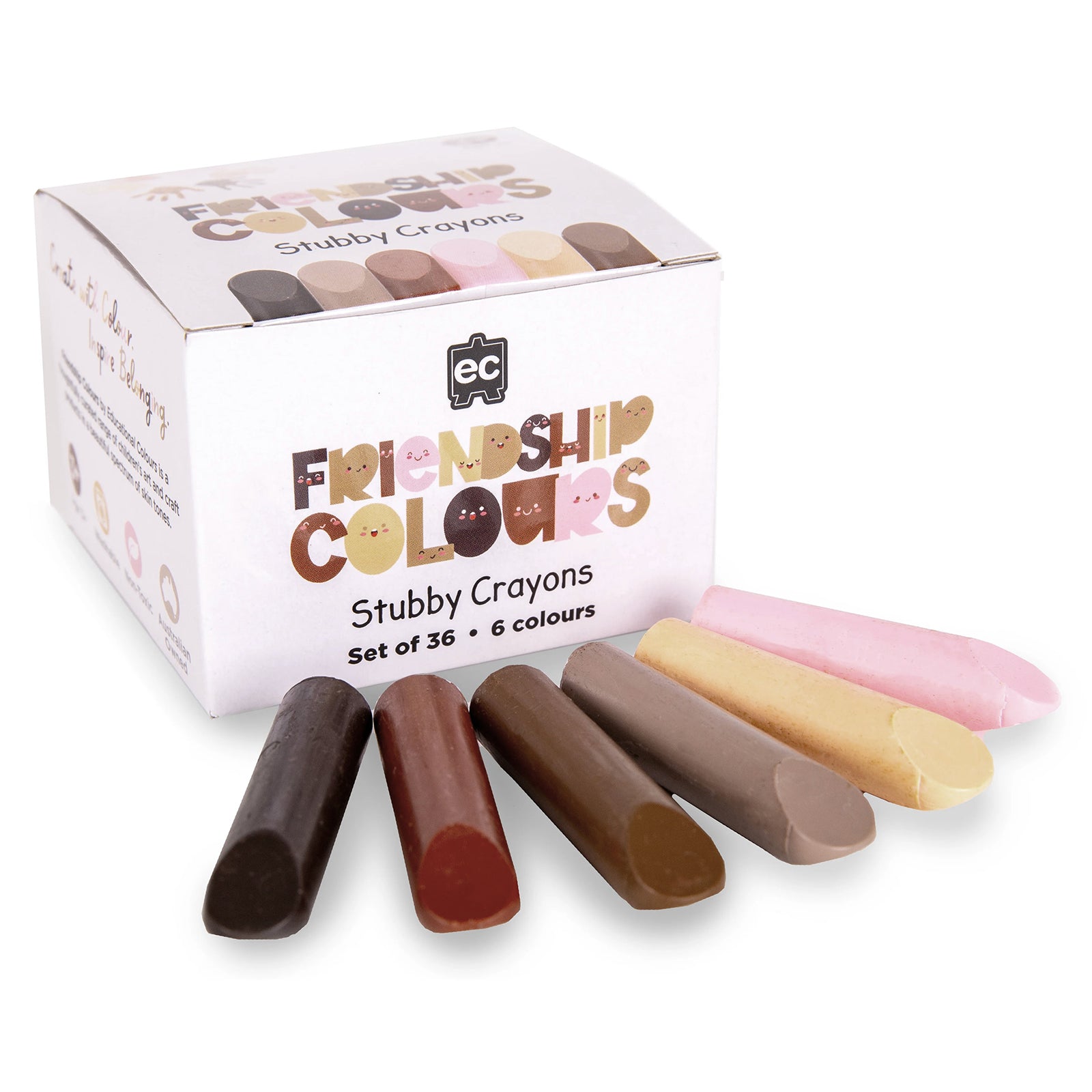 Product and packaging display showing the full set of skin tone crayons positioned in front of the Friendship Colours retail box. The image clearly presents the crayon size, colour assortment and educational branding.