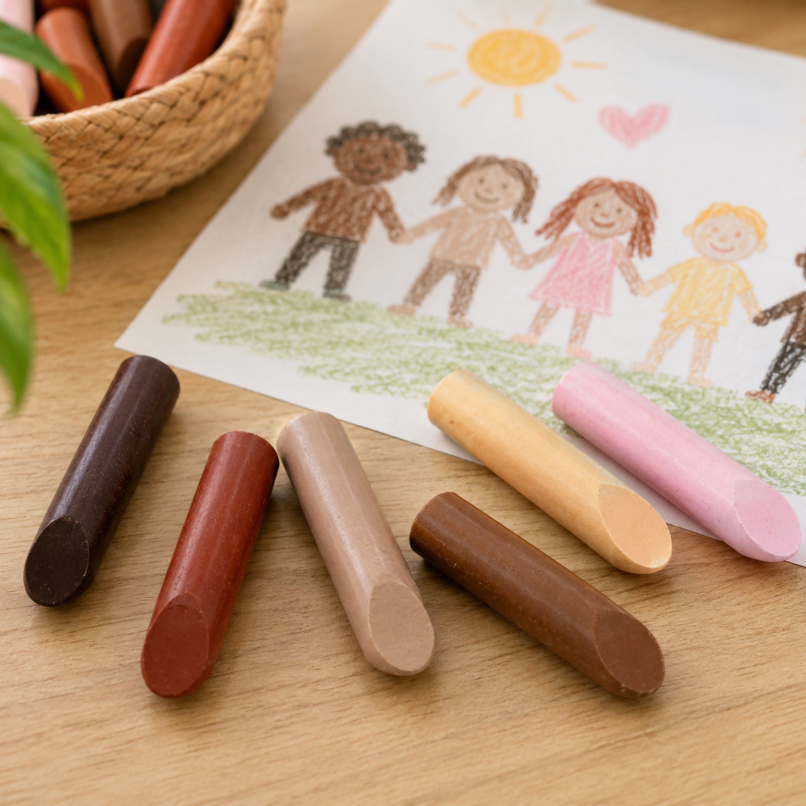 Close up view of the six skin tone crayons arranged beside a completed drawing of children holding hands. The image showcases the range of inclusive colours available for realistic portraits and community themed artwork.