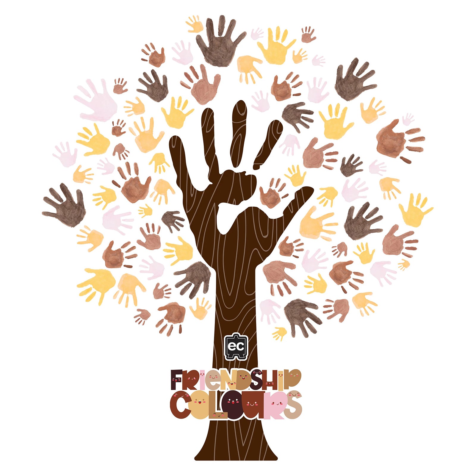 A friendship themed artwork featuring handprints forming a tree canopy illustrates how the palette can be used for inclusive classroom projects that celebrate diversity, community and self expression.