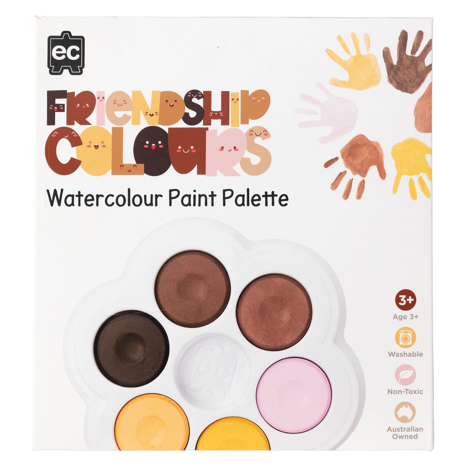 Front packaging artwork displaying the Friendship Colours Watercolour Paint Palette with product branding, handprint illustrations and key features including washable, non toxic and Australian owned credentials.