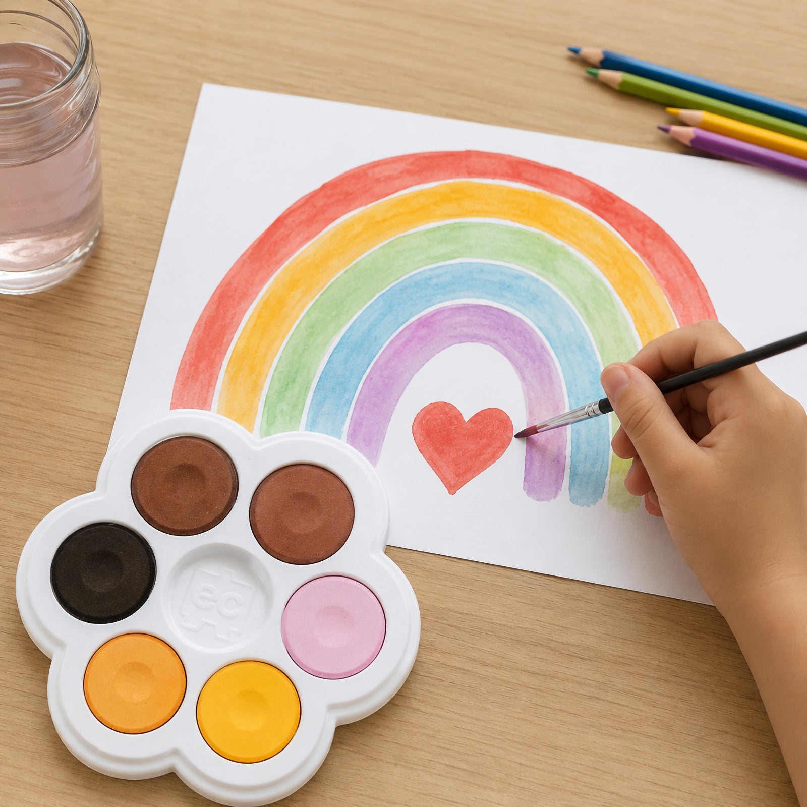 A child paints a rainbow and heart illustration using the Friendship Colours Watercolour Paint Palette. The image showcases colour layering, blending techniques and how young artists can create bright and expressive artwork.