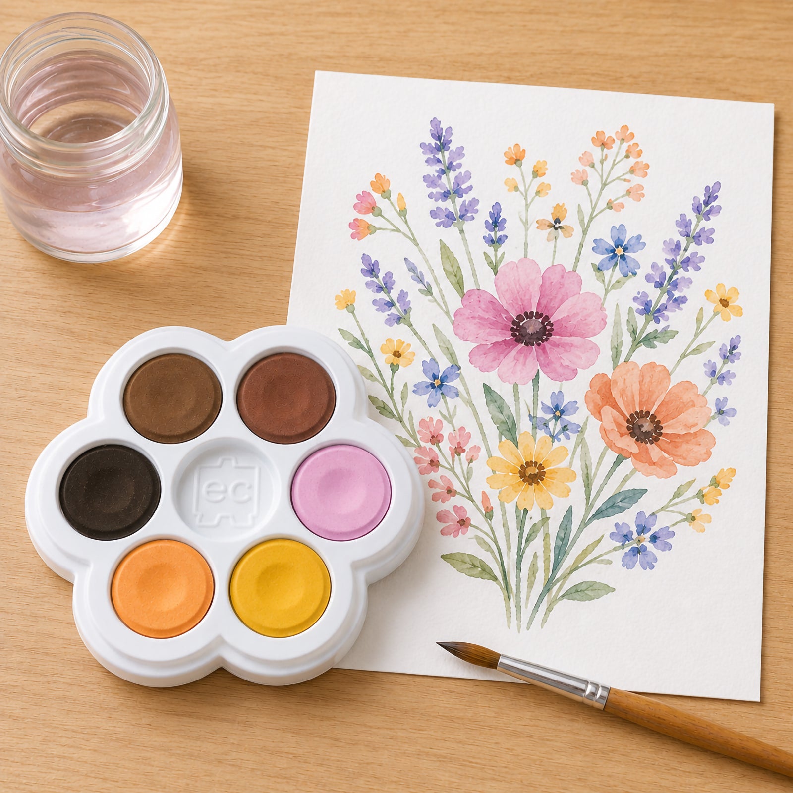 The watercolour palette is displayed beside a beautifully painted floral arrangement featuring pastel flowers and foliage. The image highlights the smooth blending capabilities of the six colours and the artistic results achievable with the palette.