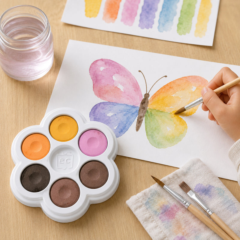 A child paints a colourful butterfly using the Friendship Colours Watercolour Paint Palette. The flower shaped palette contains six soft shades, while brushes, water and artwork demonstrate the palette's ability to create delicate blended watercolour effects.