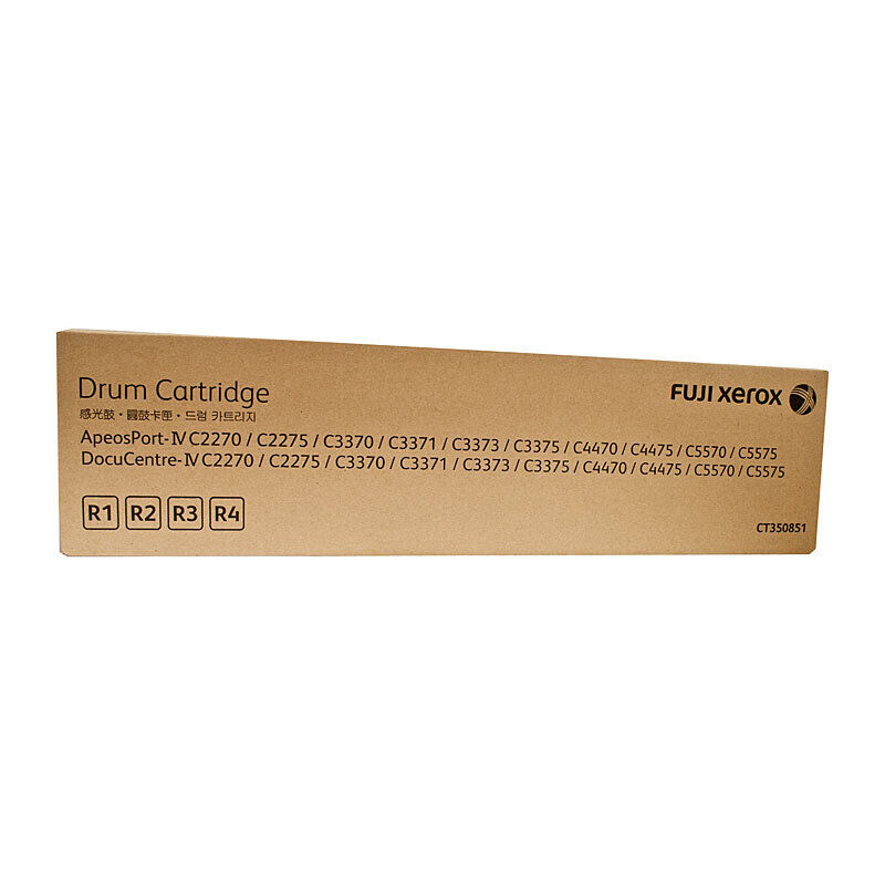 Fuji Xerox CT350851 drum cartridge in its brown cardboard carton, printed with the Fuji Xerox logo, the words Drum Cartridge, the R1 R2 R3 R4 drum position boxes and the ApeosPort-IV and DocuCentre-IV C2270 to C5575 model list