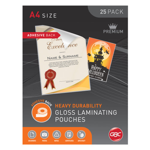 Front of the GBC A4 size 25 pack box of 125 micron Heavy Durability gloss laminating pouches with an Adhesive Back banner