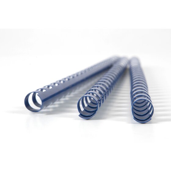 Three blue GBC 10mm plastic binding combs lying on a white surface with their open ends toward the camera
