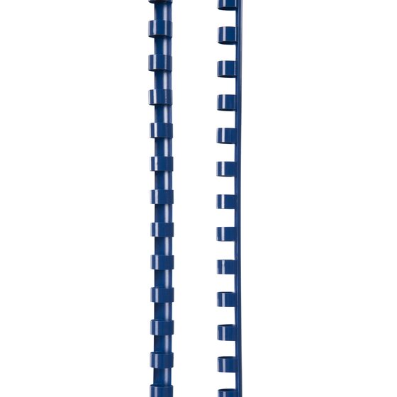 Blue GBC plastic binding comb shown face on and side on, showing the closed spine and the open ring profile
