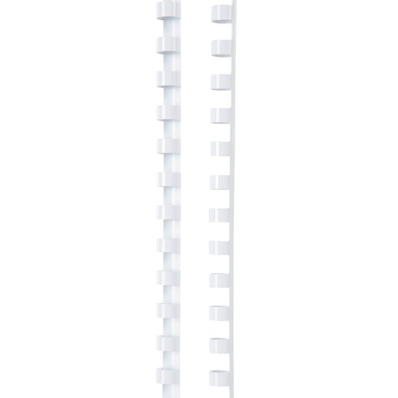 Two white GBC plastic binding combs standing upright, one seen from the front with closed rings and one side on showing the open rings