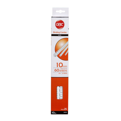 White and orange GBC Binding Combs box with a hanging tab, printed 10mm, binds up to 60 sheets, A4 21 ring, pack 25, white combs in the window
