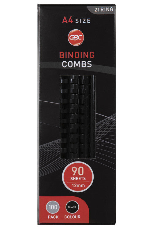 GBC Binding Combs box in black and red, printed A4 size, 21 ring, 90 sheets 12mm, 100 pack and black colour, with combs visible through the window