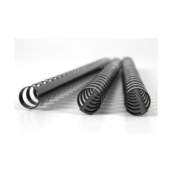 Three black GBC plastic binding combs lying on a white surface, the nearest one seen end on with its curled rings open