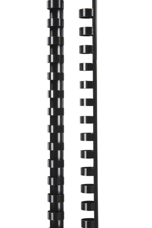 Two black GBC plastic binding combs standing upright, one shown face on and one side on to show the ring profile