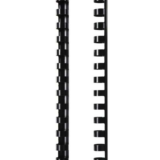 Pair of black GBC plastic combs standing on end, the left one face on and the right one turned to show the open ring shape