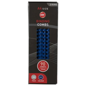 Black and red GBC Binding Combs box printed A4 size, 21 ring, 90 sheets 12mm, 100 pack and blue colour, with blue combs showing through the window