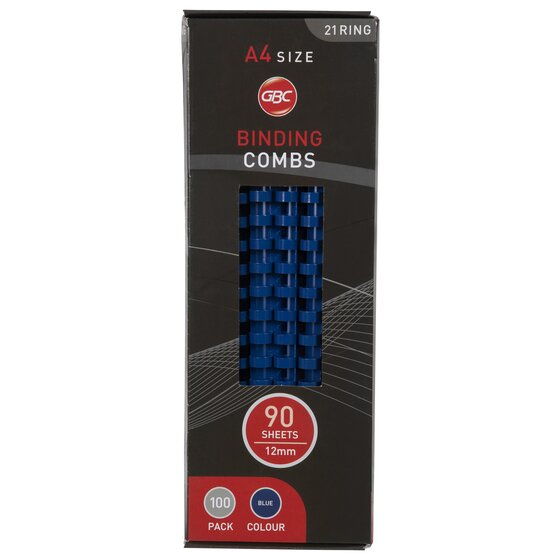 Black and red GBC Binding Combs box printed A4 size, 21 ring, 90 sheets 12mm, 100 pack and blue colour, with blue combs showing through the window