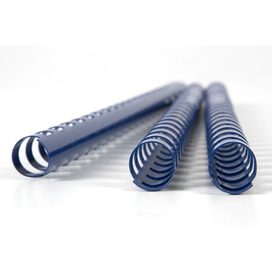 Three blue GBC plastic combs lying on a pale surface, the nearest seen end on so its curled rings are visible