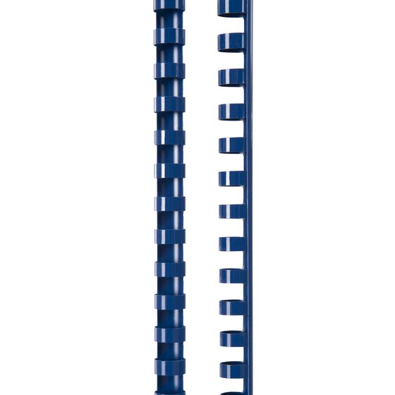 Two blue GBC plastic combs stood upright side by side, one seen from the front and one from the side
