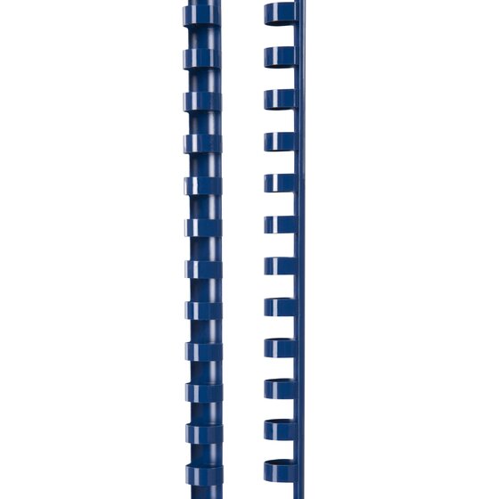 Two blue GBC combs standing upright, one face on and one turned to show the open curve of the rings