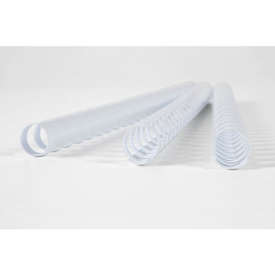 Three white GBC plastic combs lying on a light grey surface, one turned end on to show the curled rings