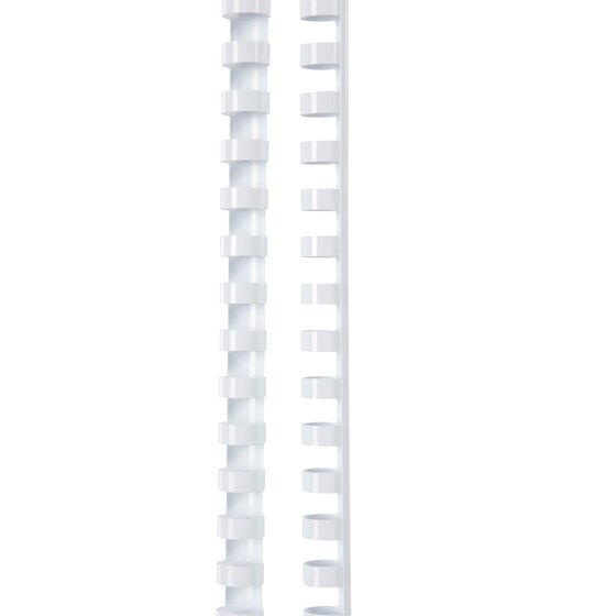 Pair of white GBC binding combs standing upright, the left seen from the front and the right seen side on