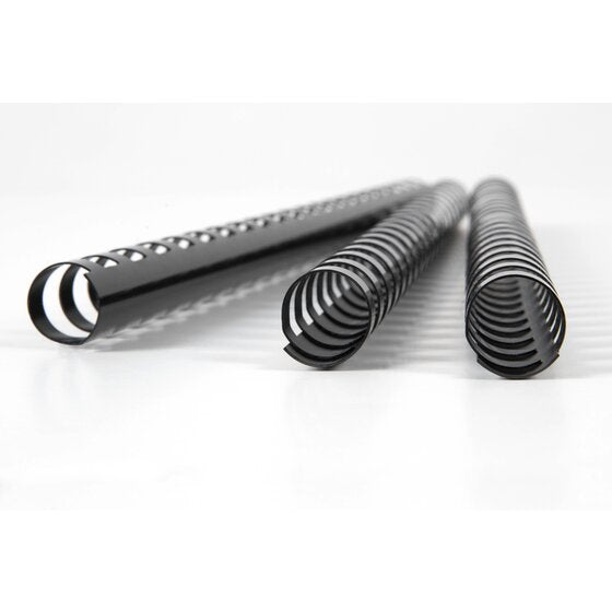 Three black GBC combs resting on a white surface, the front comb turned end on to show its rings