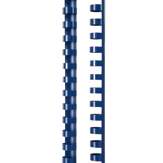 Two blue GBC plastic combs standing on end, one seen face on and the other from the side