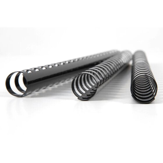 Three glossy black GBC binding combs lying side by side, photographed low so the open ring ends face the camera