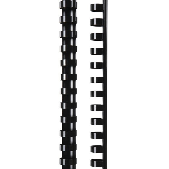 Pair of black GBC plastic combs shown upright, closed on the left and turned side on at the right to show the rings