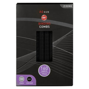 Black GBC Binding Combs box printed A4 size, 21 ring, 160 sheets, 19mm, pack of 100 and black colour, with a window showing the combs