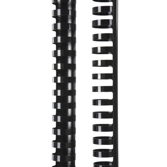 Two wide black GBC plastic combs standing upright, one closed and one side on to show the ring spacing along the spine