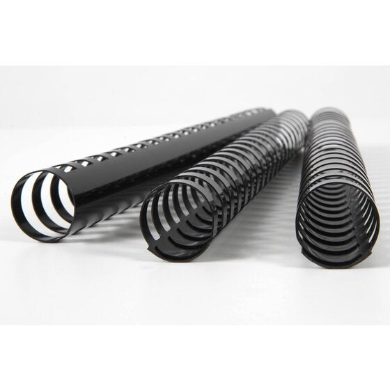 Three wide black GBC plastic combs laid side by side on white, open ring ends toward the camera