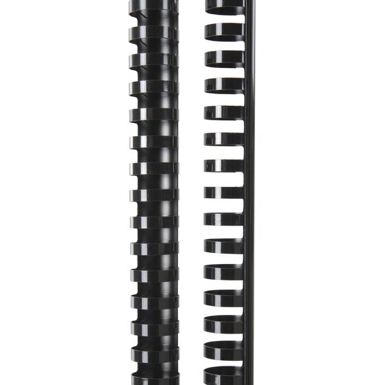 Pair of wide black GBC plastic combs shown upright against white, one closed and one side on with its rings visible