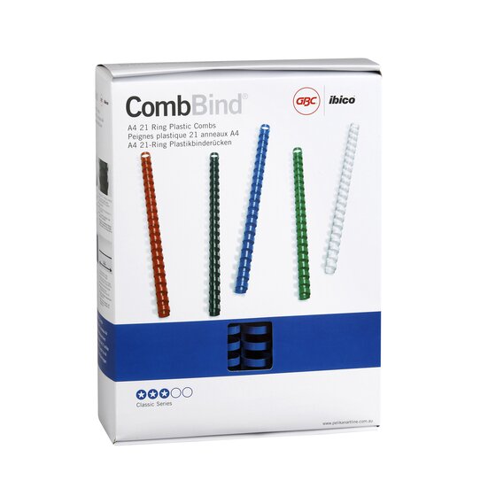 Front of a GBC ibico CombBind carton printed A4 21 Ring Plastic Combs, with blue plastic combs showing through the window in the blue band