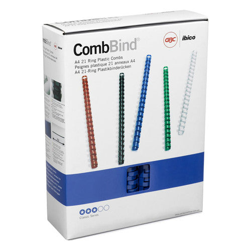 GBC CombBind carton photographed at an angle, showing the printed combs in several colours and blue combs in the window