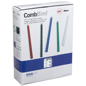 GBC ibico CombBind carton printed A4 21 Ring Plastic Combs and Classic Series, with white plastic combs visible through the window