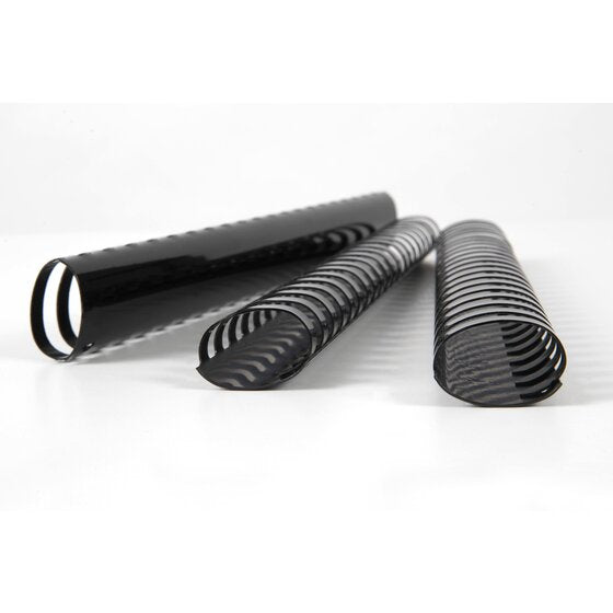 Three wide black GBC plastic binding combs lying on a white surface with their open curled rings facing the camera