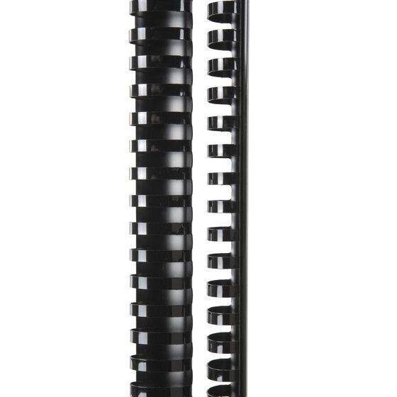 Black GBC plastic binding comb shown twice, face on with its closed rings and side on showing the open ring profile