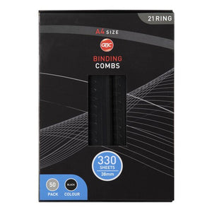 Dark GBC Binding Combs pack printed A4 size, 21 ring, 330 sheets, 38mm, 50 pack, black colour, with black combs behind the window