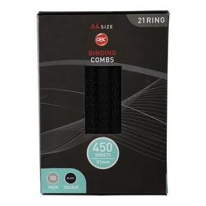 Dark GBC Binding Combs pack printed A4 size, 21 ring, 450 sheets, 51mm, 50 pack, black colour, black combs showing in the window
