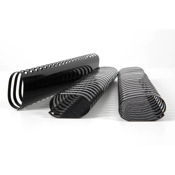 Three extra wide black GBC plastic binding combs on a white surface, open ring ends toward the camera