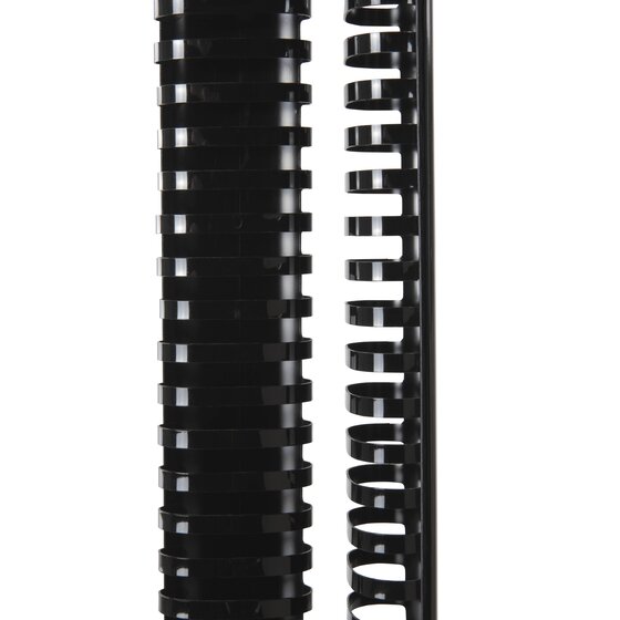 Extra wide black GBC plastic comb shown face on and side on, with the tall open rings visible in profile