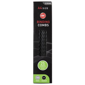 Black GBC Binding Combs box printed A4 size, 21 ring, 25 sheets 6mm, 100 pack, black colour, with black combs showing in the window