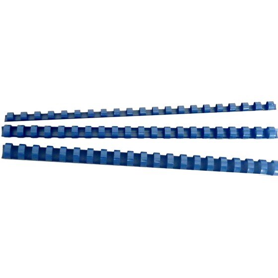 Three blue GBC plastic binding combs of different diameters lying horizontally on a white background